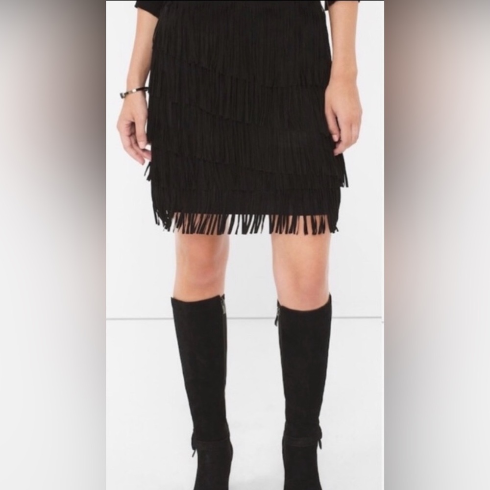 NWT White House Black Market WHBM Fringe Suede Skirt Western In Black Size 16